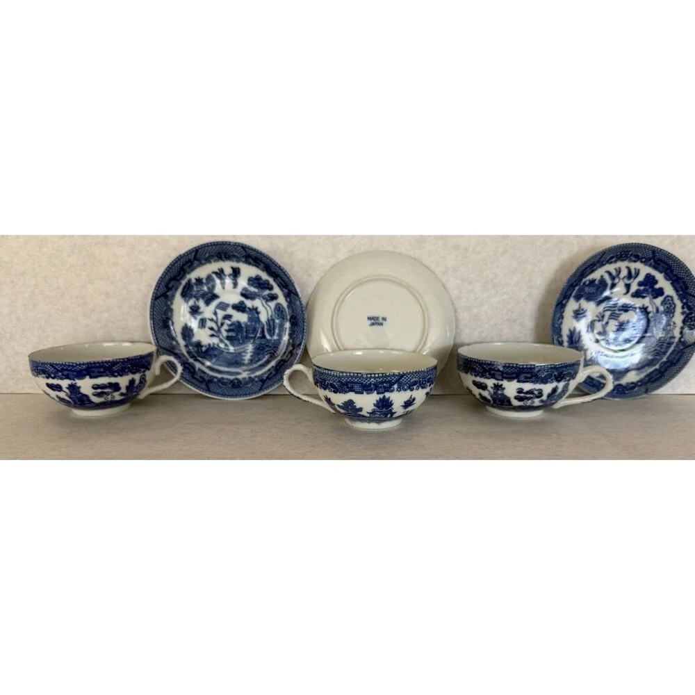 Blue and White Set of Three Cups and Saucers Japan